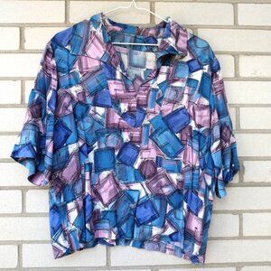 Vintage 60s Tunic Top Rayon 41" Bust Wide Collar Blue Purple Abstract Handmade